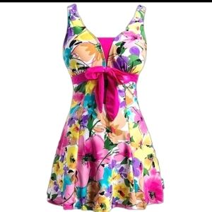 Wantdo Women's Vibrant Pink Floral Print One Piece Swimsuit Swimdress 26/28